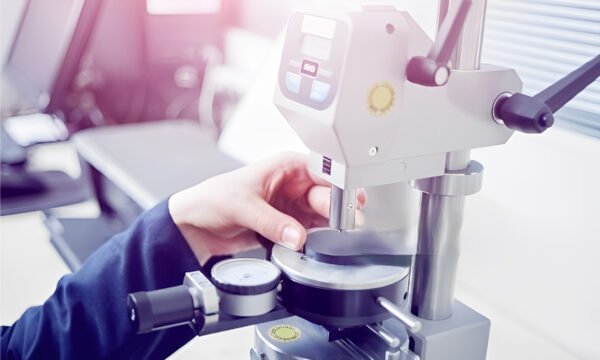 Person conducting hardness testing using a machine.