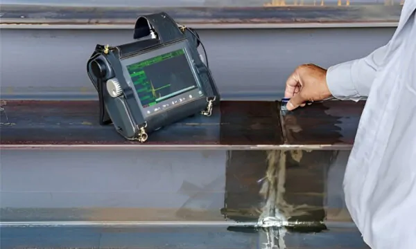 A man uses a handheld device and employs a Non-destructive testing technique.