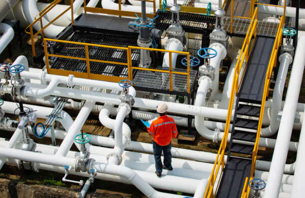 A MEP worker wearing an orange shirt stands confidently on a pipe, showcasing his expertise and dedication to his job.